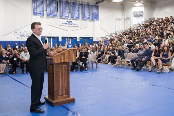 Melody Mansfield 2017 Notification Lowell Milken addresses assembly